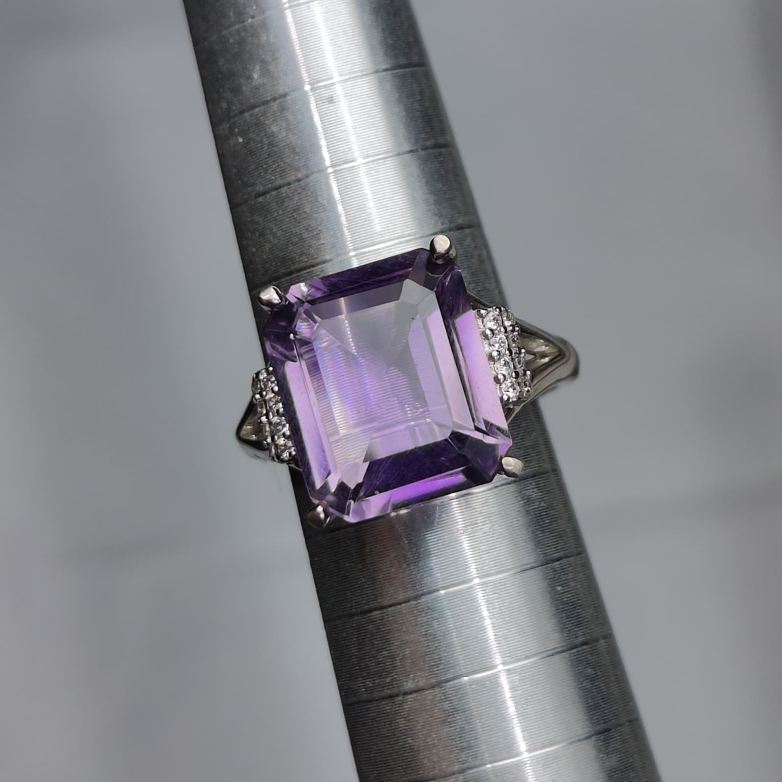 Royal Statement: Natural Emerald-Cut Amethyst Ring with CZ Shoulders in 925 Silver
