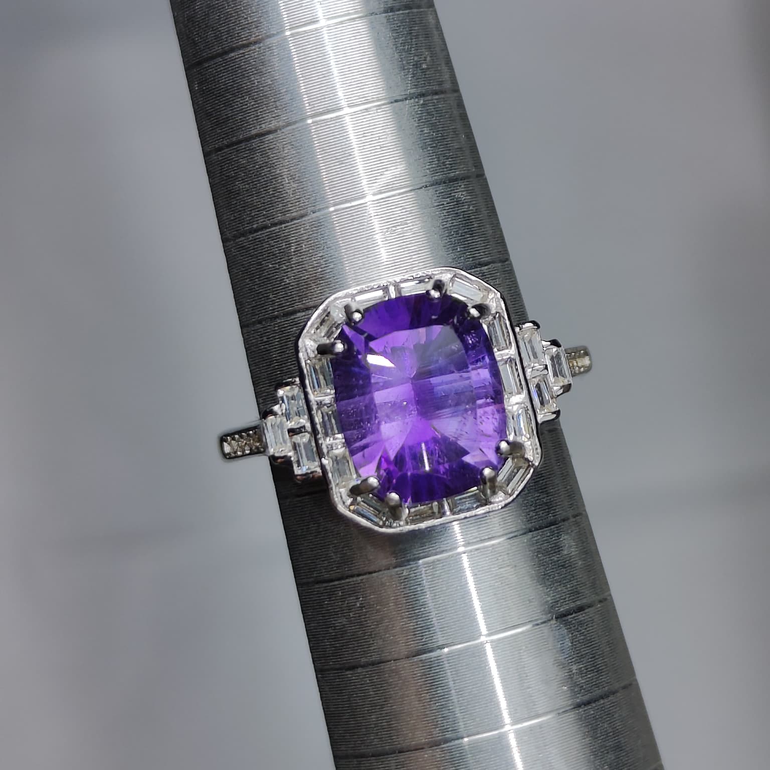 Roaring Twenties Royal: Natural Emerald-Cut Amethyst Ring with Geometric CZ Halo