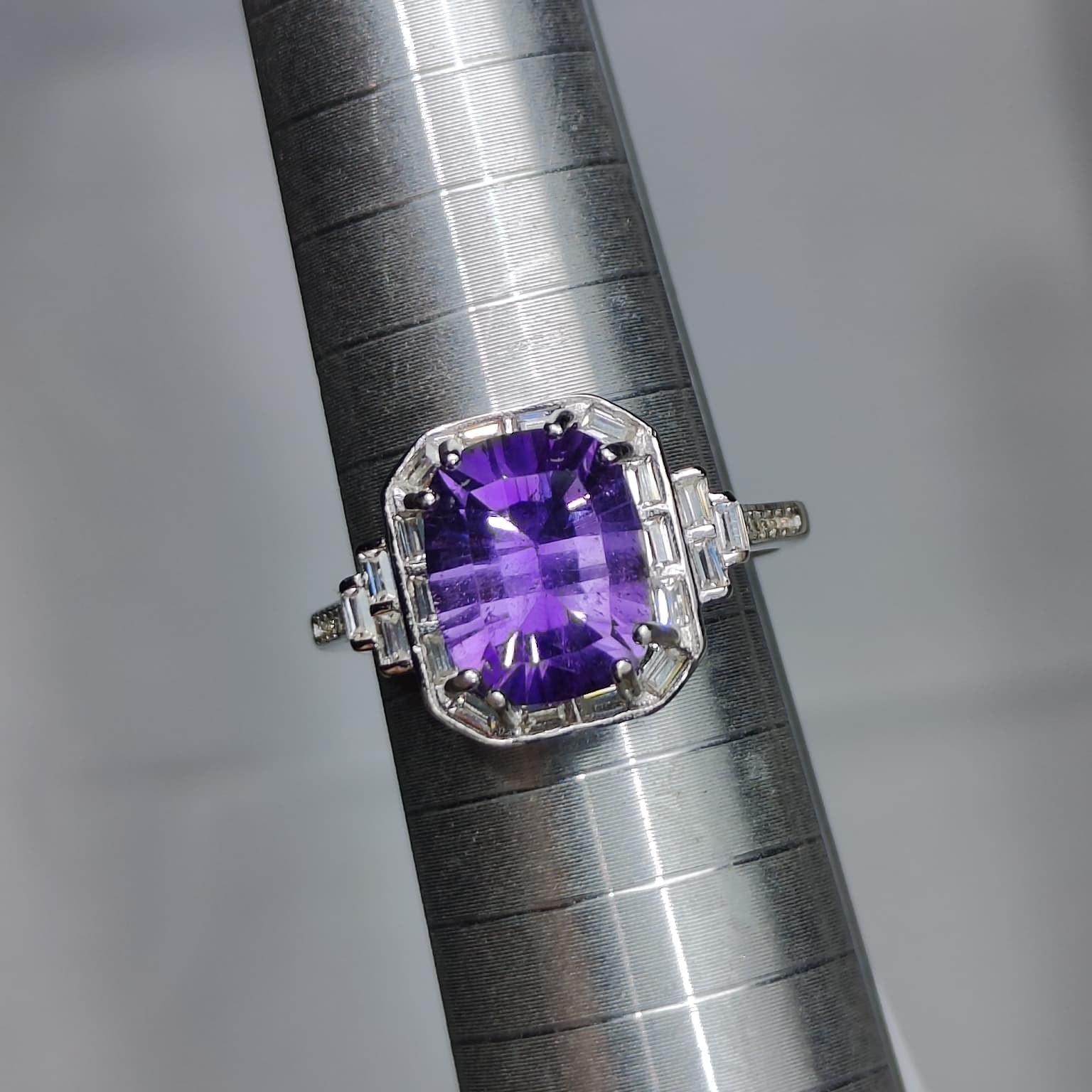 Roaring Twenties Royal: Natural Emerald-Cut Amethyst Ring with Geometric CZ Halo
