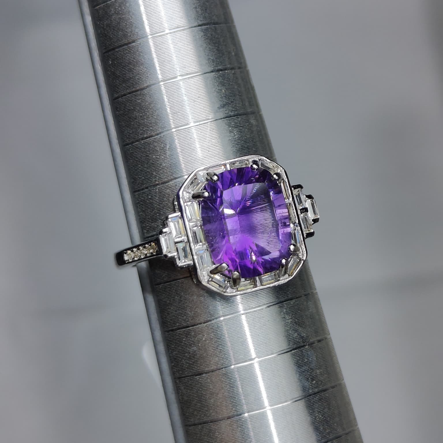 Roaring Twenties Royal: Natural Emerald-Cut Amethyst Ring with Geometric CZ Halo