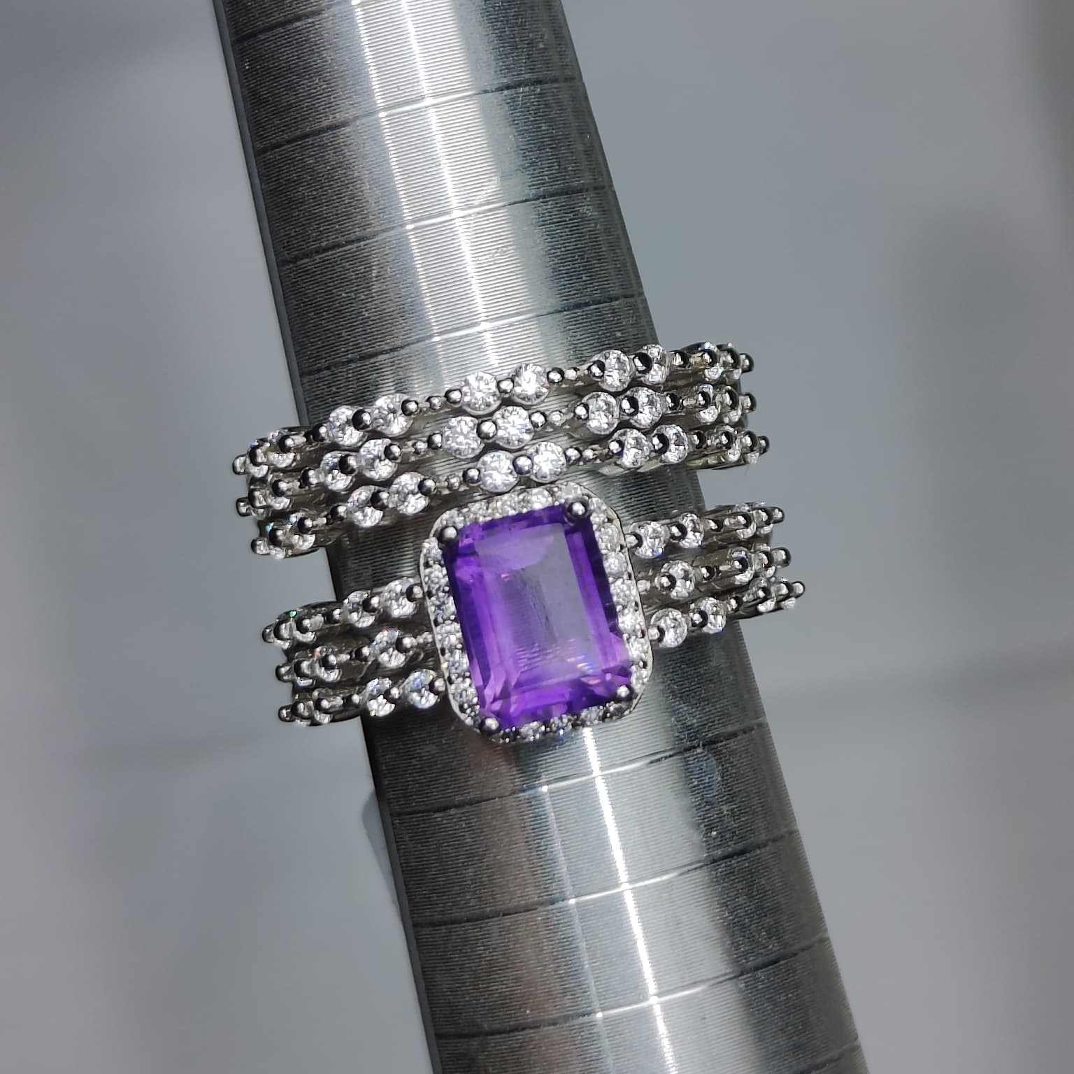 Royal Amethyst: Natural Amethyst Halo Solitaire & Multi-Row CZ Band 2-Piece Set