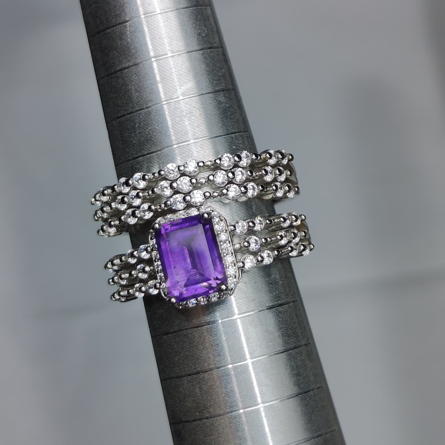 Royal Amethyst: Natural Amethyst Halo Solitaire & Multi-Row CZ Band 2-Piece Set