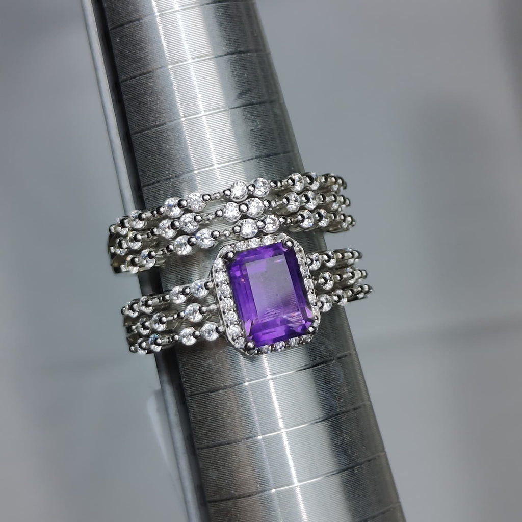 Royal Amethyst: Natural Amethyst Halo Solitaire & Multi-Row CZ Band 2-Piece Set