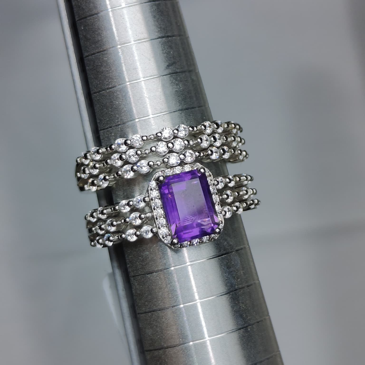 Royal Amethyst: Natural Amethyst Halo Solitaire & Multi-Row CZ Band 2-Piece Set