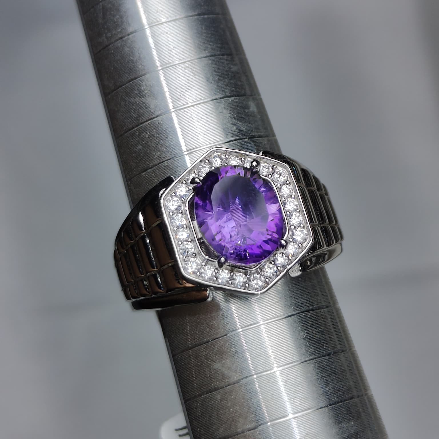 Gentleman's Royal: Natural Amethyst & CZ Hexagonal Halo Men's Ring in 925 Silver