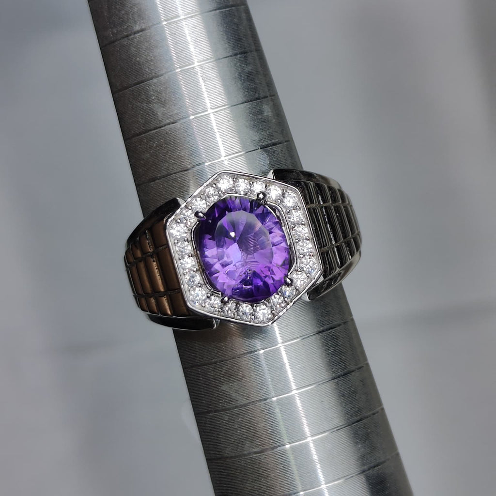 Gentleman's Royal: Natural Amethyst & CZ Hexagonal Halo Men's Ring in 925 Silver