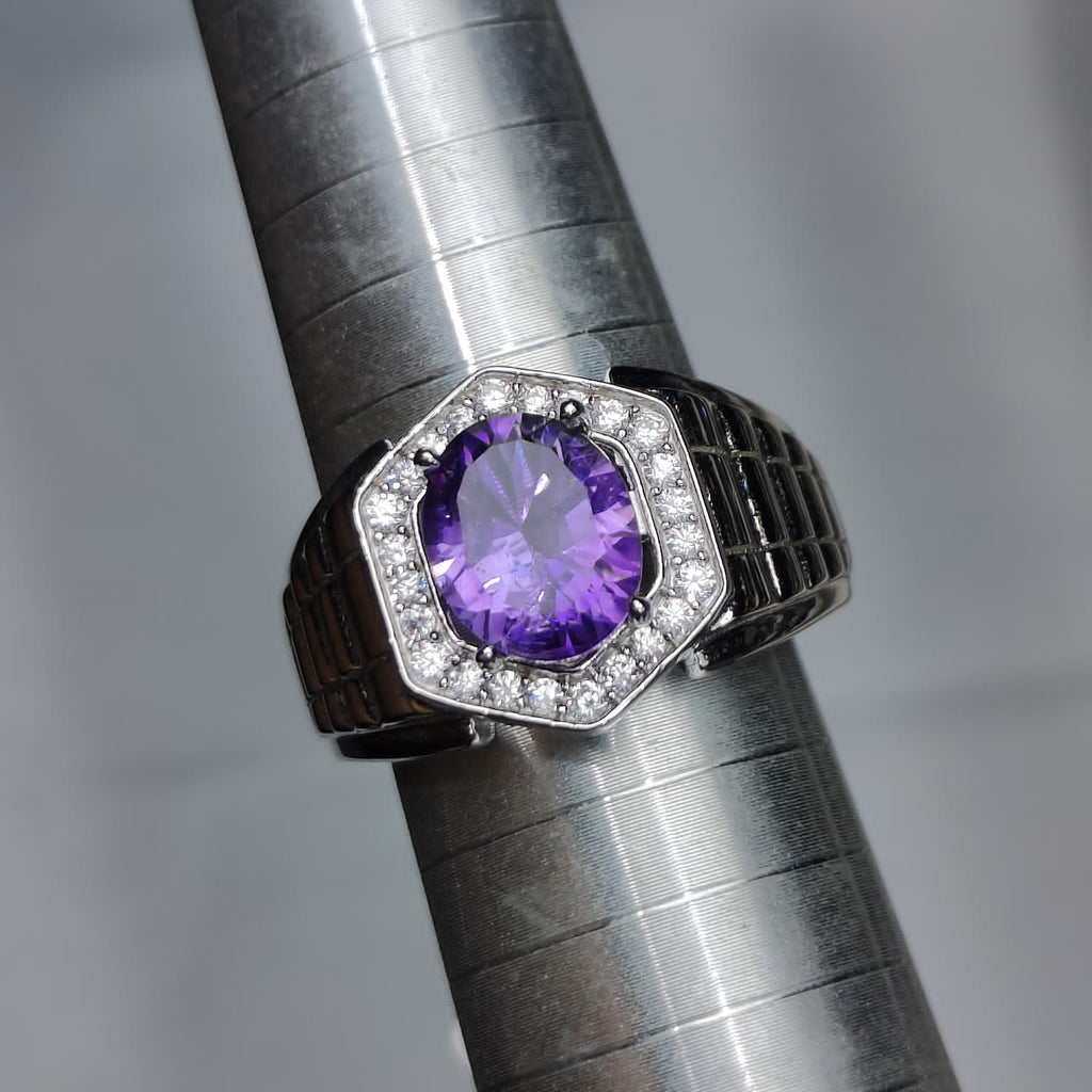 Gentleman's Royal: Natural Amethyst & CZ Hexagonal Halo Men's Ring in 925 Silver