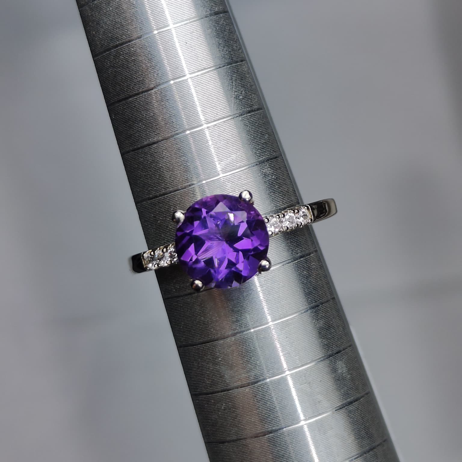Simply Royal: Natural Round Amethyst Solitaire Ring with CZ Accent Shoulders in 925 Silver