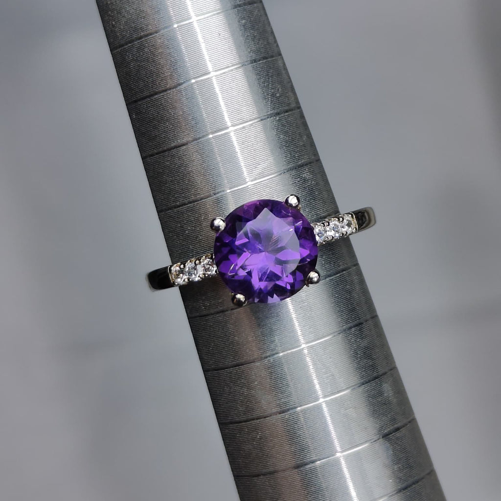Simply Royal: Natural Round Amethyst Solitaire Ring with CZ Accent Shoulders in 925 Silver