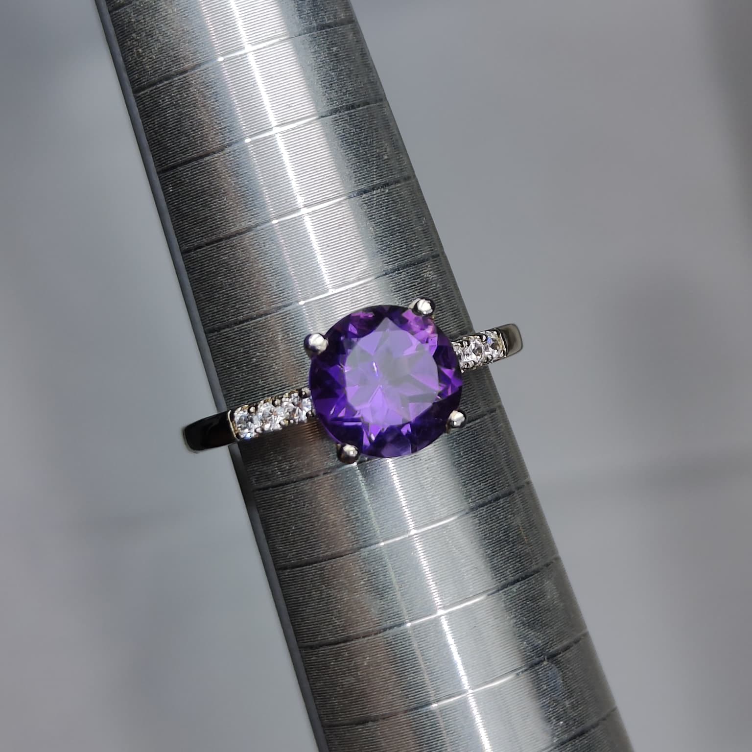 Simply Royal: Natural Round Amethyst Solitaire Ring with CZ Accent Shoulders in 925 Silver