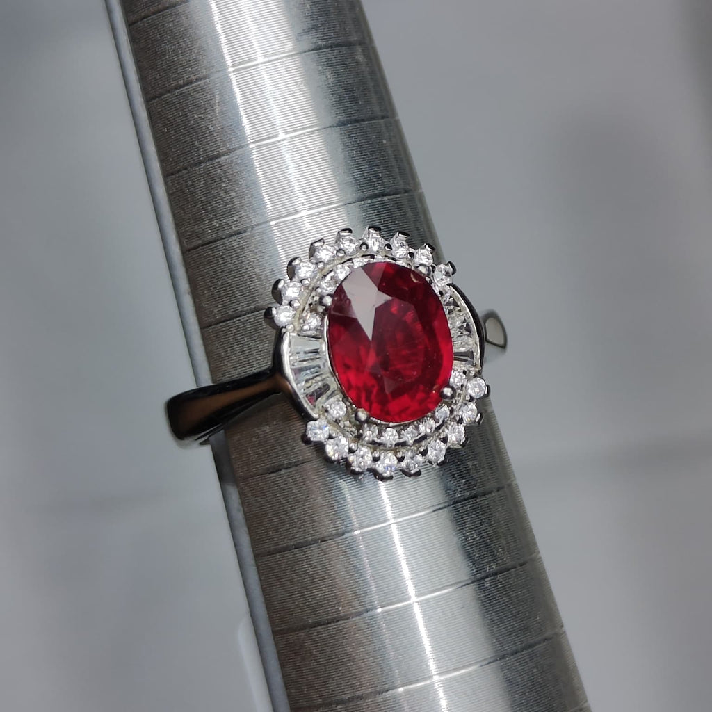Royal Passion: Natural Ruby & Baguette CZ Halo Statement Ring in 925 Silver