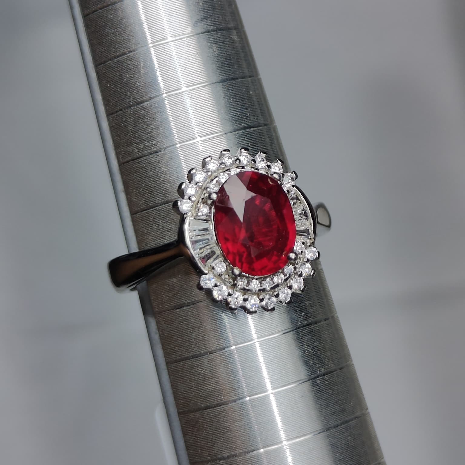 Royal Passion: Natural Ruby & Baguette CZ Halo Statement Ring in 925 Silver