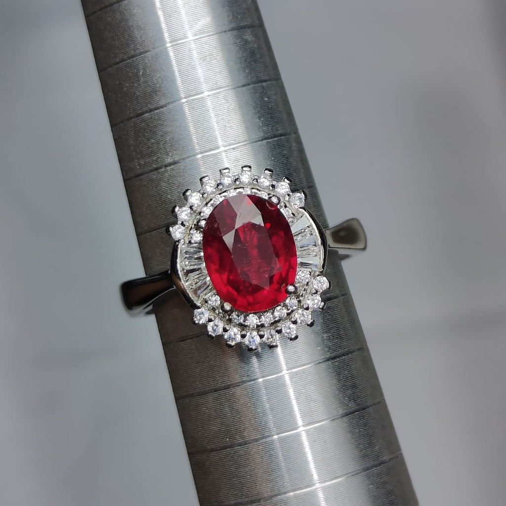 Royal Passion: Natural Ruby & Baguette CZ Halo Statement Ring in 925 Silver