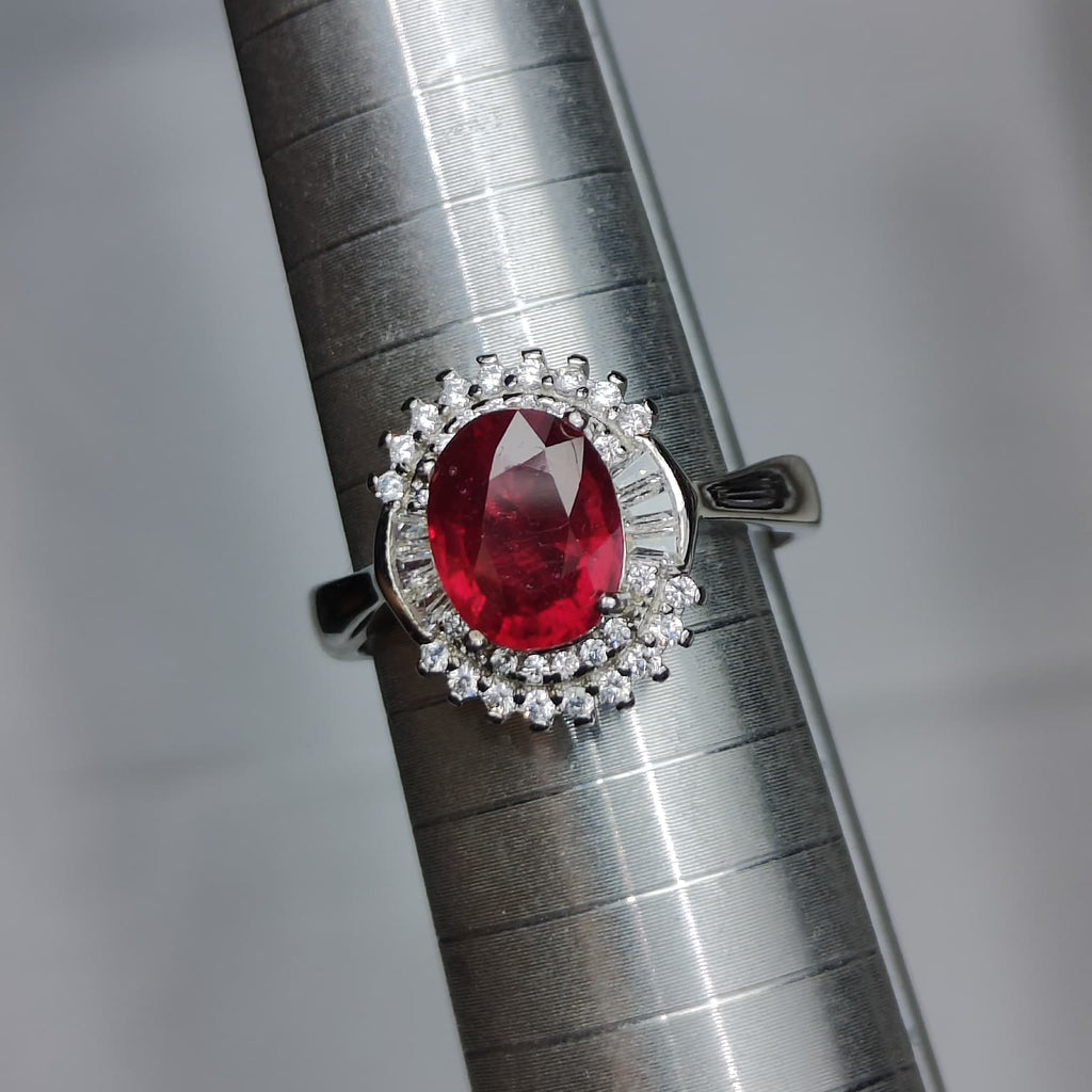 Royal Passion: Natural Ruby & Baguette CZ Halo Statement Ring in 925 Silver