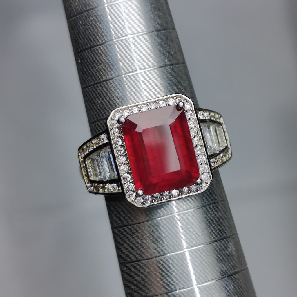 Crimson Statement: Natural Emerald-Cut Ruby Ring with Geometric CZ Halo in 925 Silver