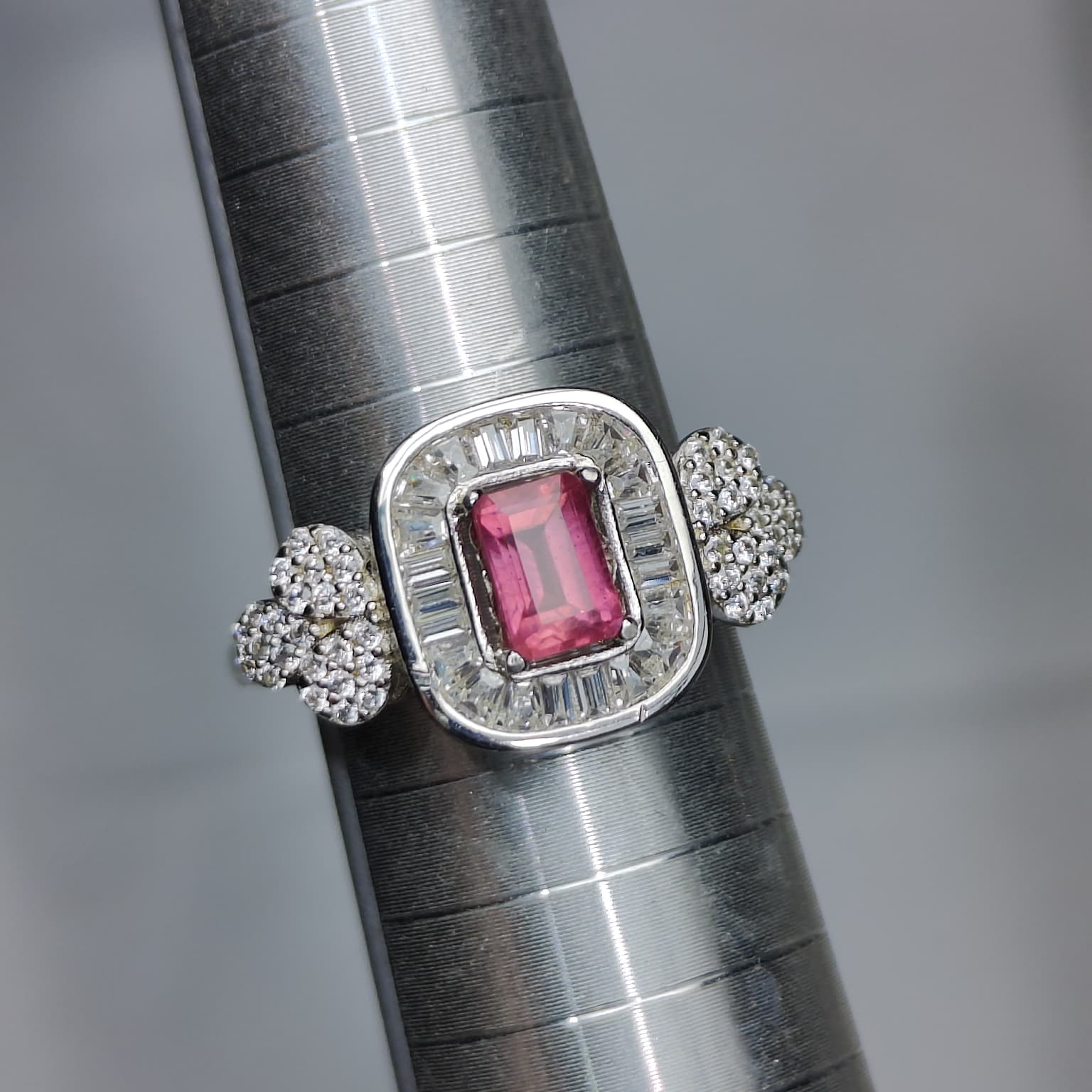 Natural Ruby Ring - Emerald Cut Pinkish-Red Center with CZ Baguette and Round Accents in Sterling Silver