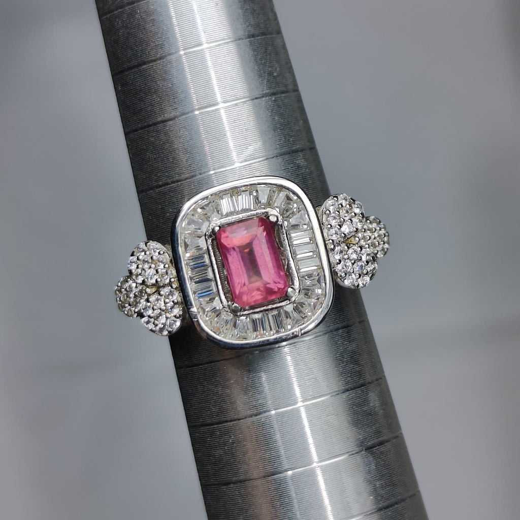 Natural Ruby Ring - Emerald Cut Pinkish-Red Center with CZ Baguette and Round Accents in Sterling Silver
