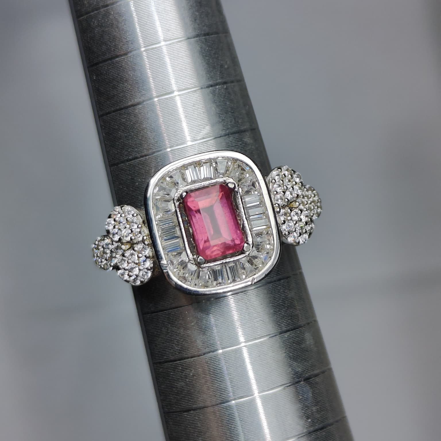 Natural Ruby Ring - Emerald Cut Pinkish-Red Center with CZ Baguette and Round Accents in Sterling Silver