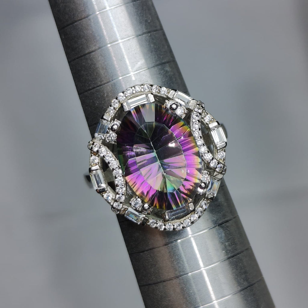 Rainbow Orbit: Faceted Mystic Topaz Statement Ring with Architectural CZ Halo