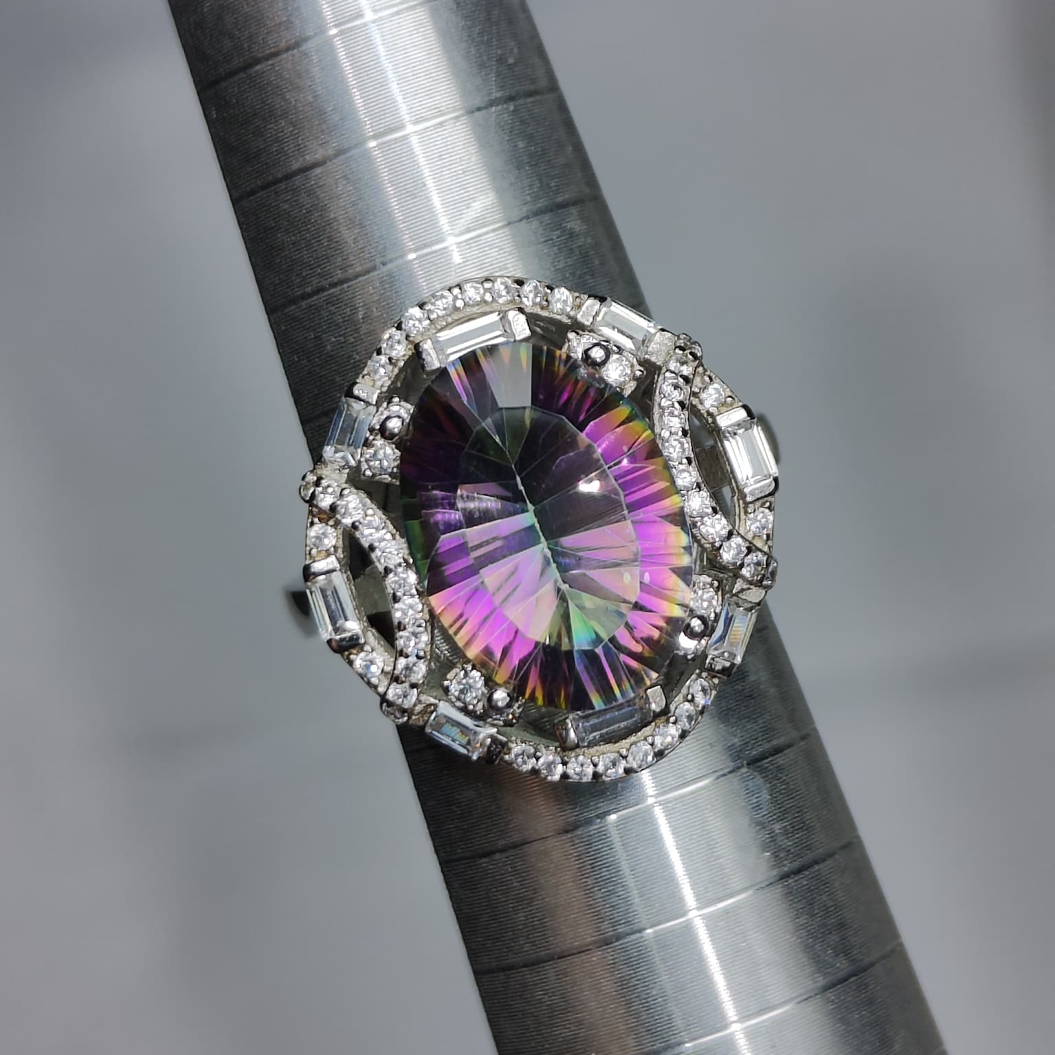 Rainbow Orbit: Faceted Mystic Topaz Statement Ring with Architectural CZ Halo