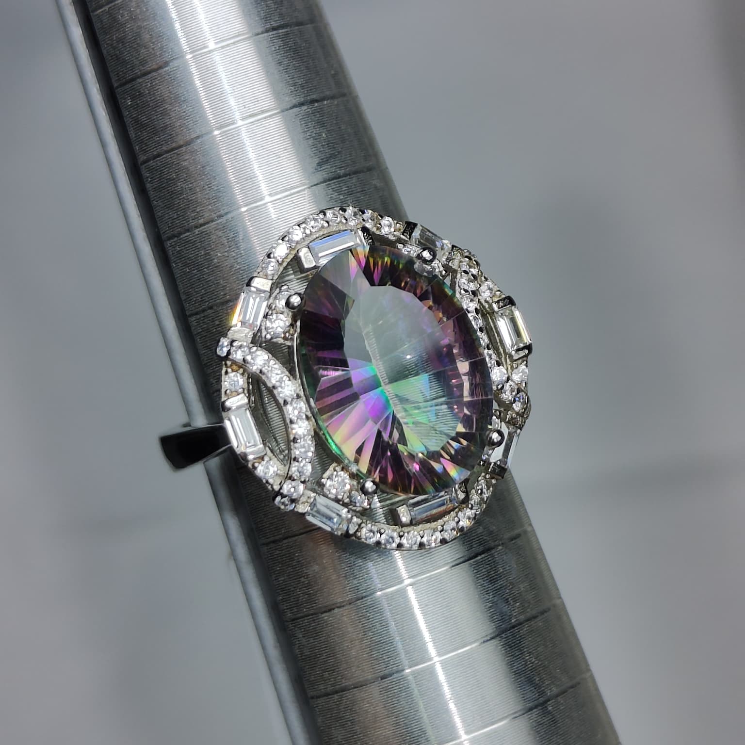 Rainbow Orbit: Faceted Mystic Topaz Statement Ring with Architectural CZ Halo