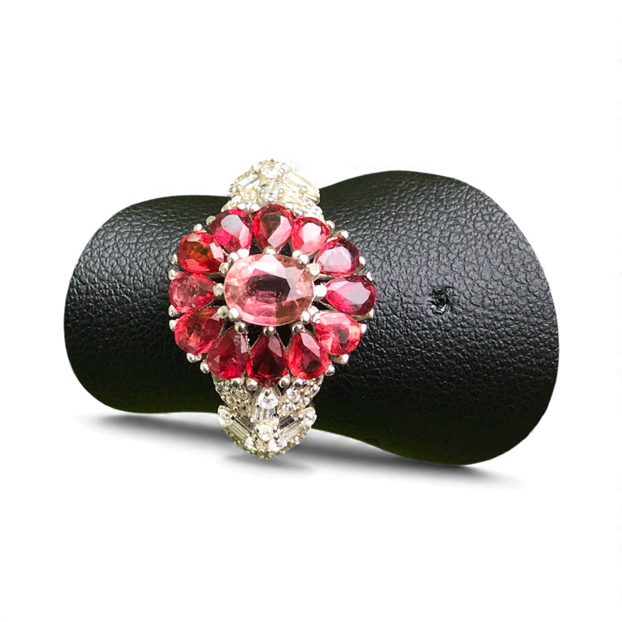 Natural Pink Tourmaline Cluster Ring - Oval Center with Songea Sapphires and CZ Accents in Sterling Silver