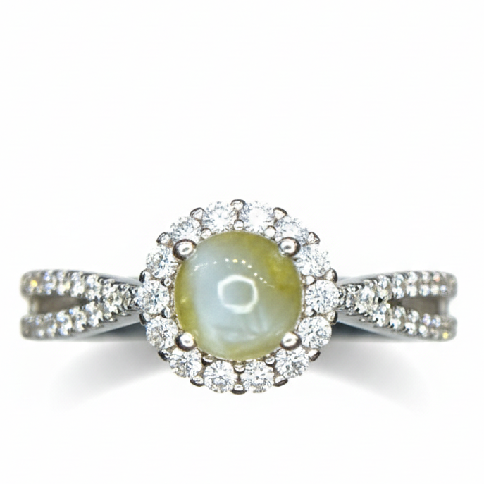 Mystic Gaze: Natural Chrysoberyl Cat's Eye Halo Ring in 925 Silver with CZ Pavé