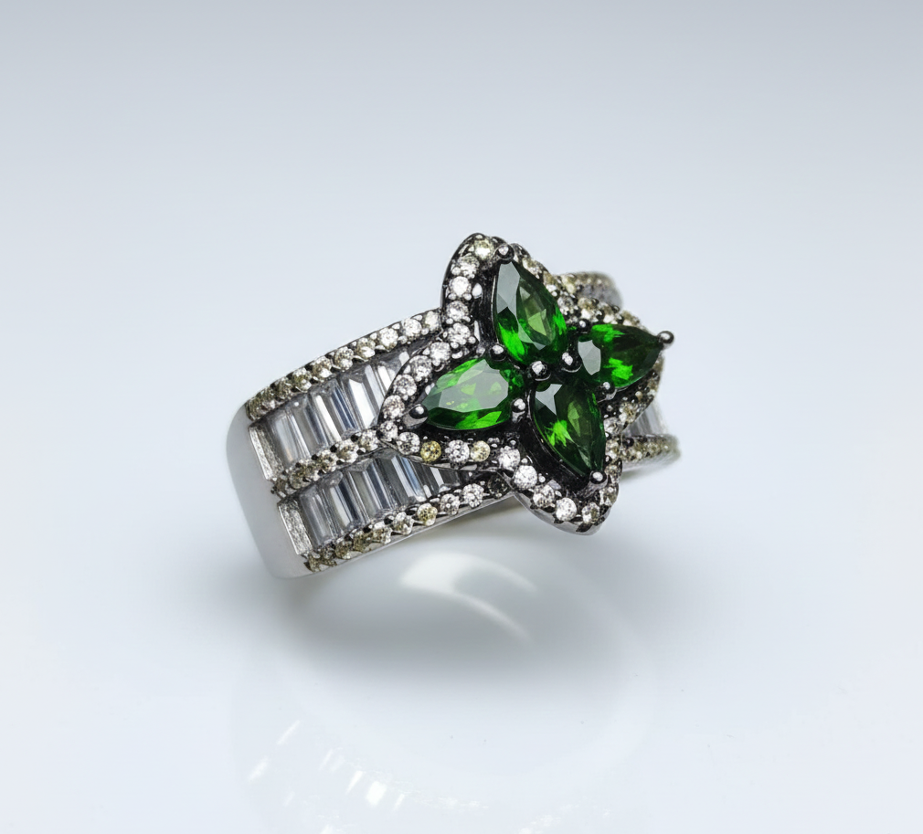 Forest Majesty: Natural Chrome Diopside Cluster Ring with Baguette Accents in 925 Silver
