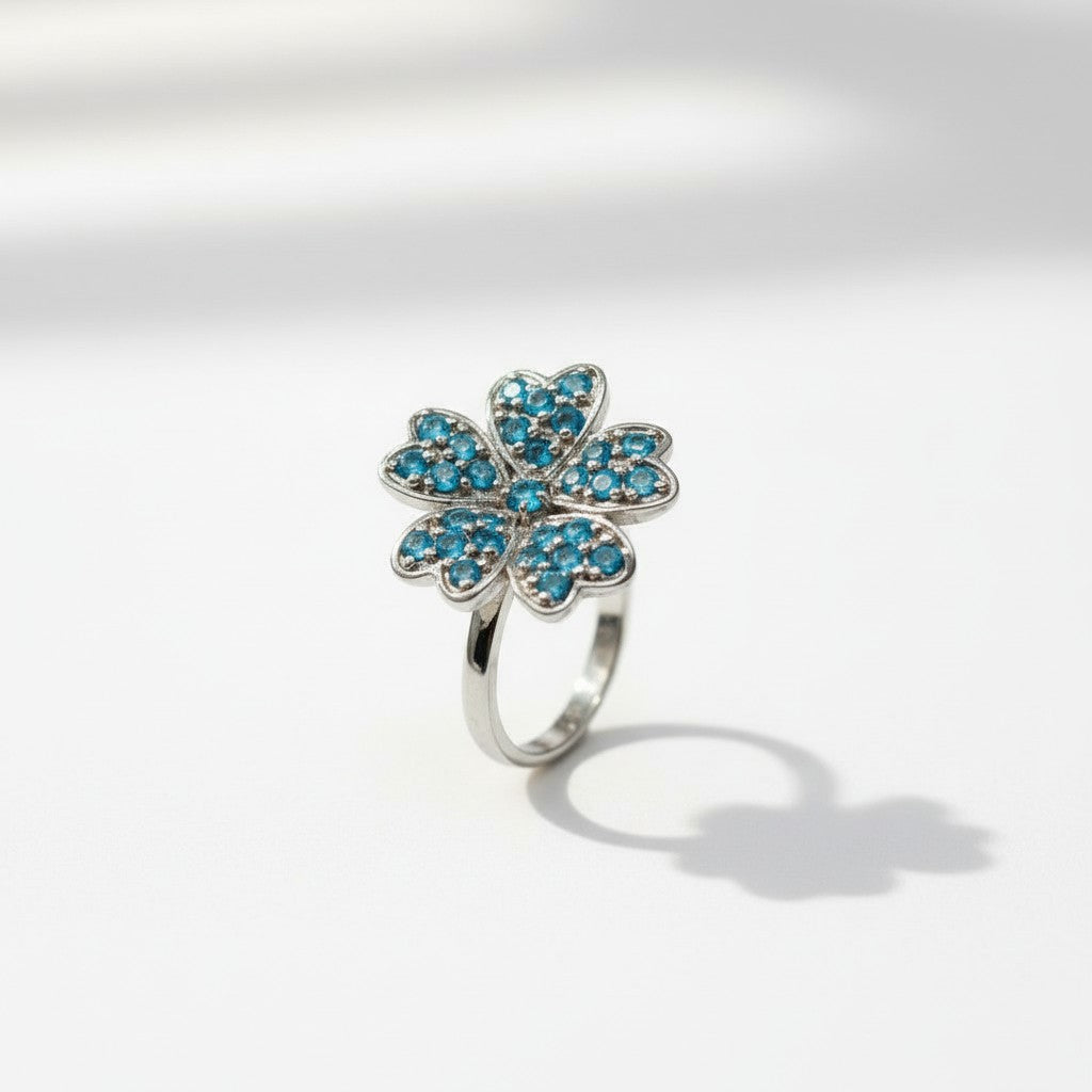 Electric Bloom: Natural Apatite & CZ Flower Halo Ring in 925 Sterling Silver