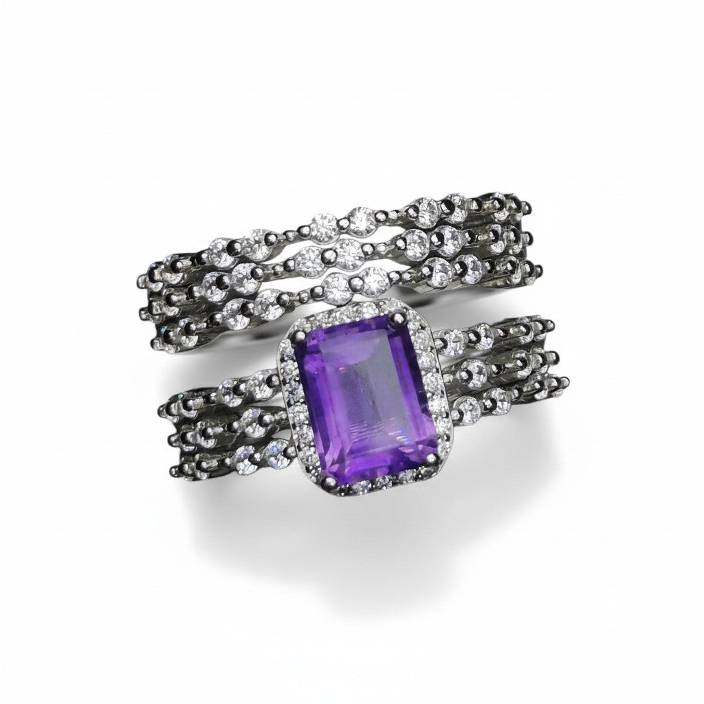 Royal Amethyst: Natural Amethyst Halo Solitaire & Multi-Row CZ Band 2-Piece Set