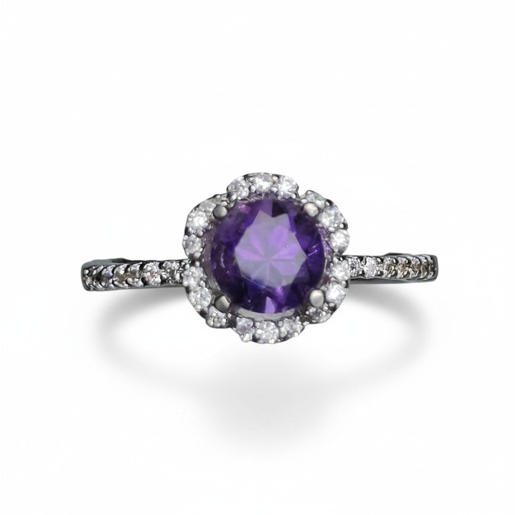 Violet Bloom: Natural Amethyst Solitaire Ring with CZ Halo in 925 Silver