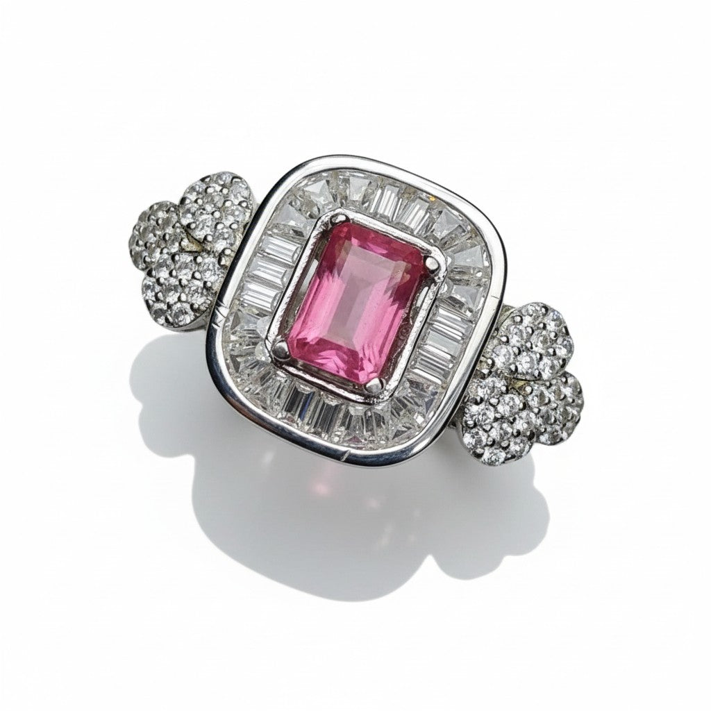 Natural Ruby Ring - Emerald Cut Pinkish-Red Center with CZ Baguette and Round Accents in Sterling Silver