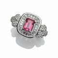 Natural Ruby Ring - Emerald Cut Pinkish-Red Center with CZ Baguette and Round Accents in Sterling Silver