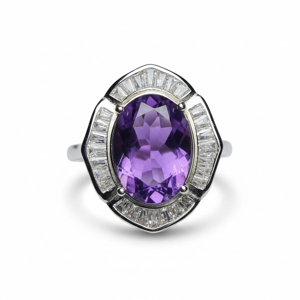 Art Deco Majesty: Natural Amethyst Statement Ring with Trapezoid CZ Halo in 925 Silver
