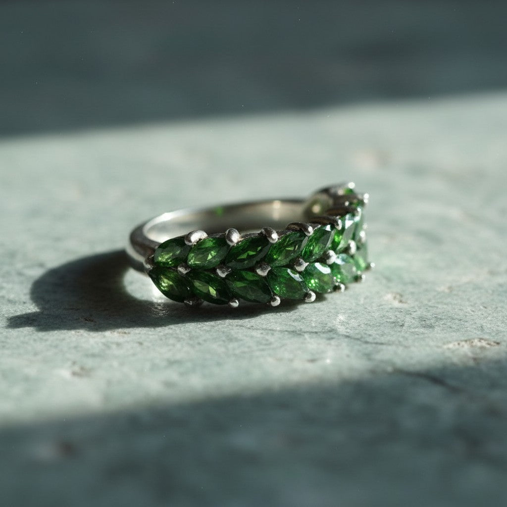 Double Forest Row: Natural Chrome Diopside Marquise Eternity Band in 925 Silver