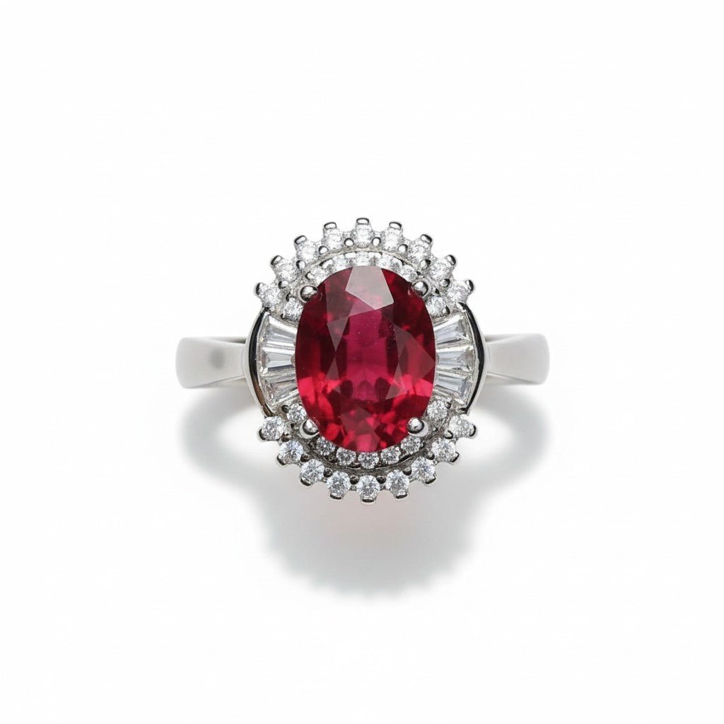 Royal Passion: Natural Ruby & Baguette CZ Halo Statement Ring in 925 Silver