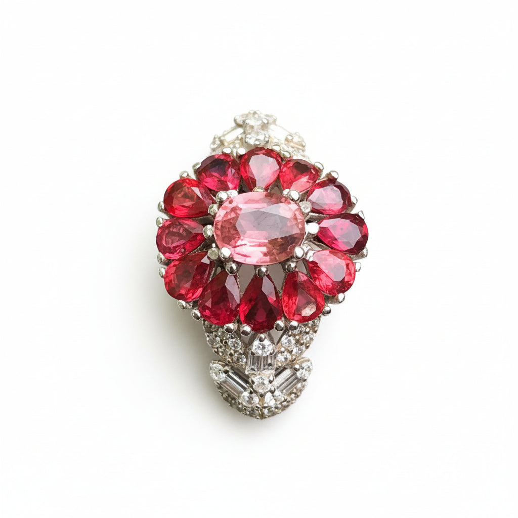 Natural Pink Tourmaline Cluster Ring - Oval Center with Songea Sapphires and CZ Accents in Sterling Silver