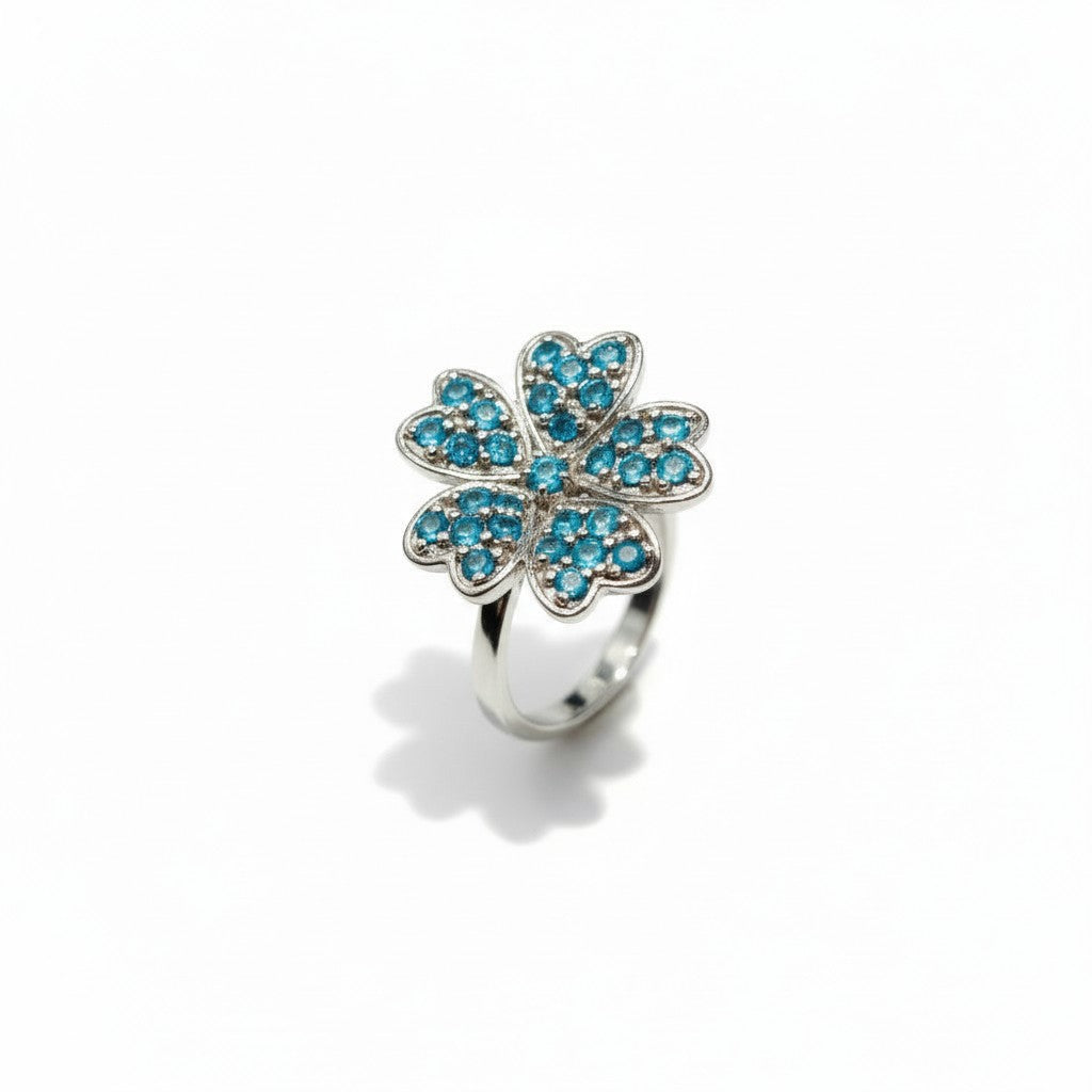 Electric Bloom: Natural Apatite & CZ Flower Halo Ring in 925 Sterling Silver