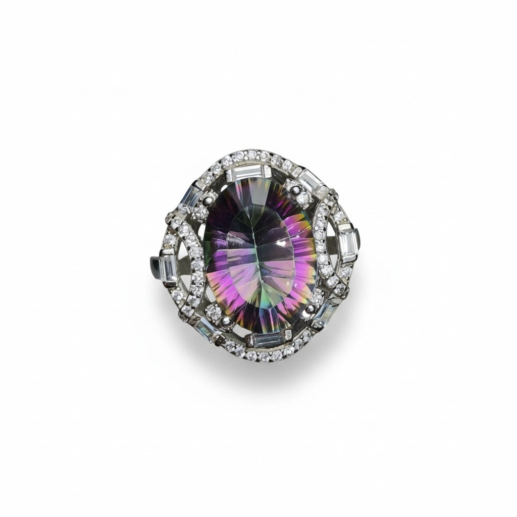 Rainbow Orbit: Faceted Mystic Topaz Statement Ring with Architectural CZ Halo