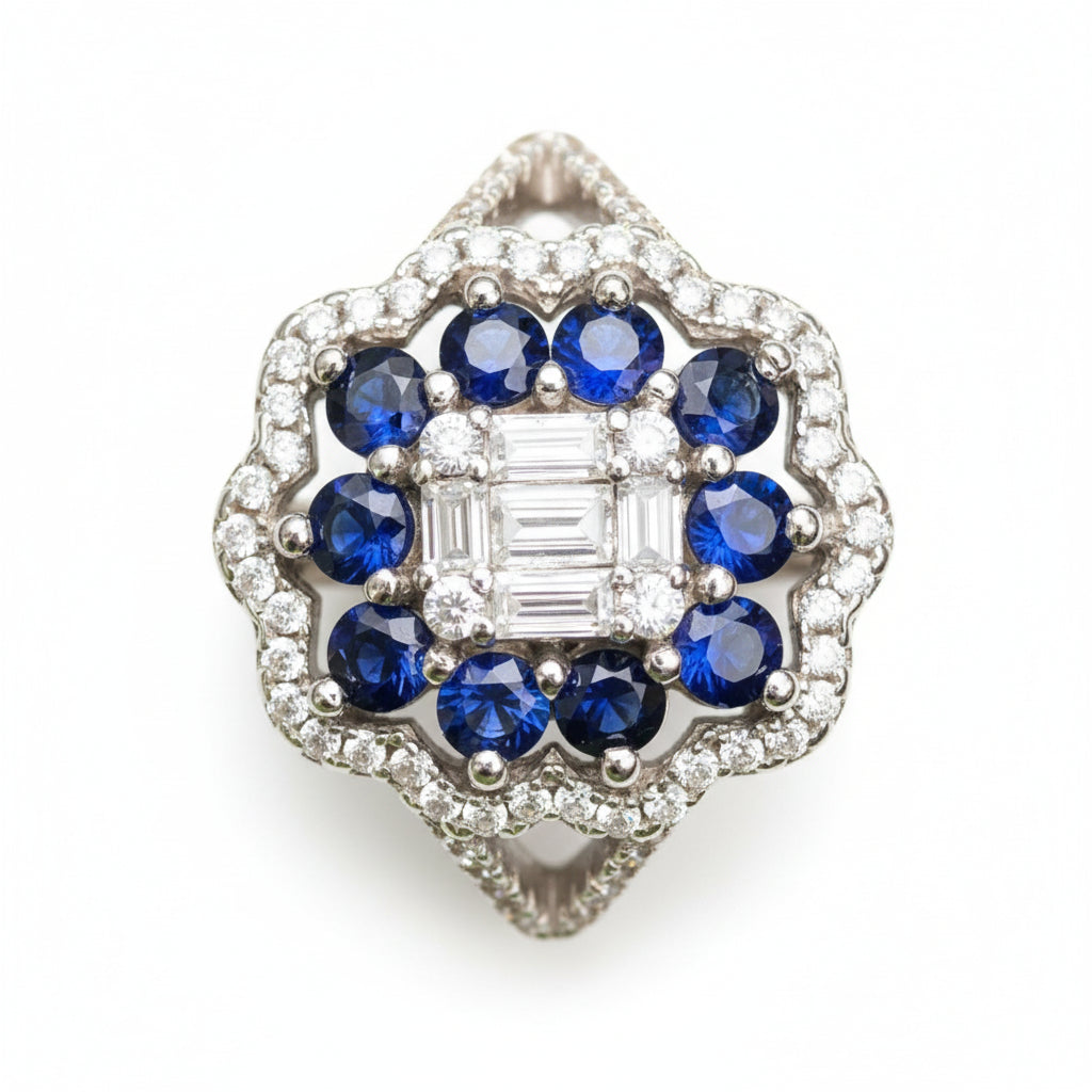 Natural Blue Sapphire Cluster Ring - Multi Round Sapphires with CZ Halo in Sterling Silver