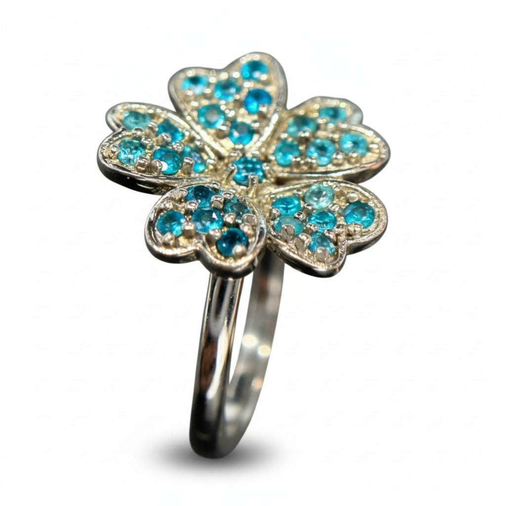 Electric Bloom: Natural Apatite & CZ Flower Halo Ring in 925 Sterling Silver