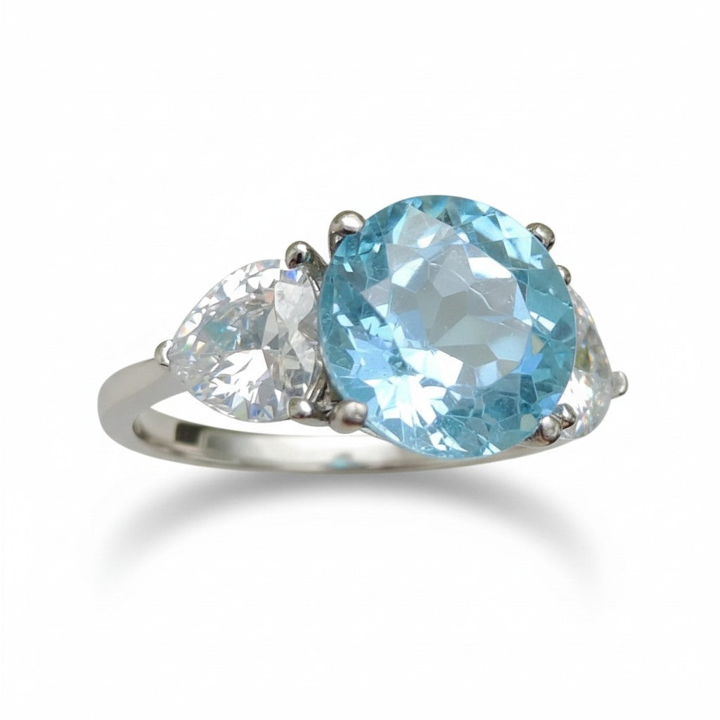 Classic Serenity: Natural Sky Blue Topaz Three-Stone Ring in 925 Silver