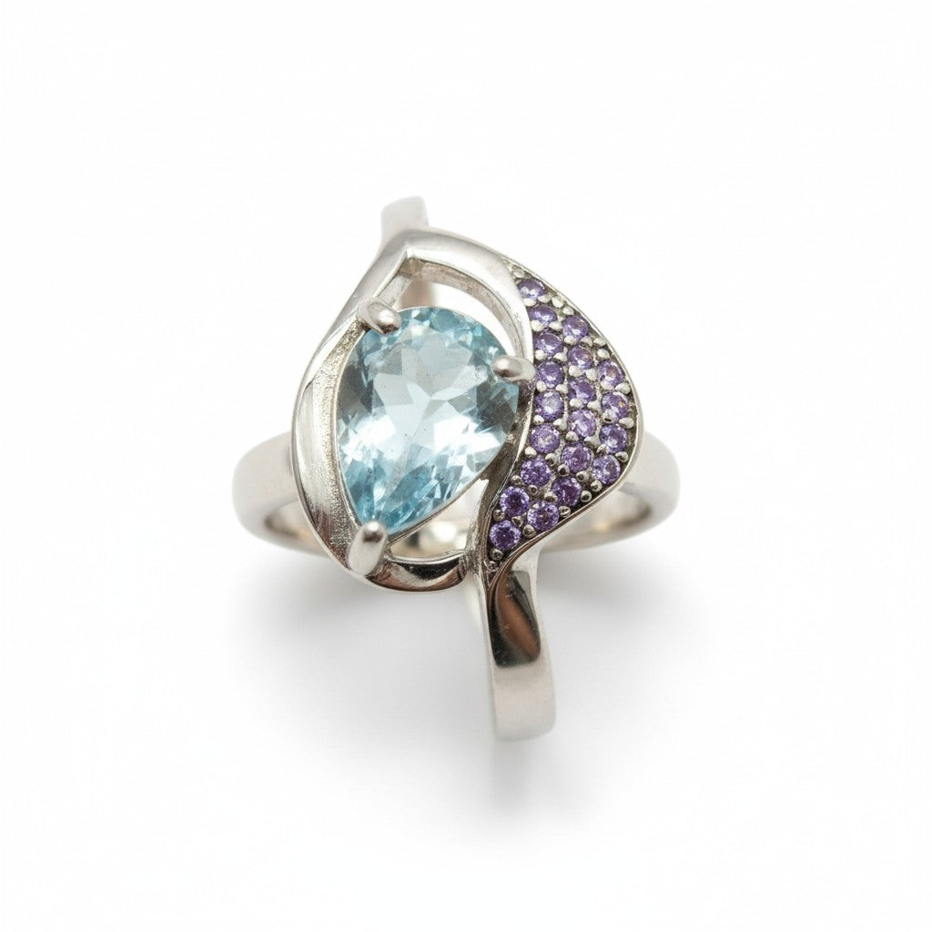 Ocean Serenity: Natural Aquamarine & CZ Accent Ring in Sterling Silver