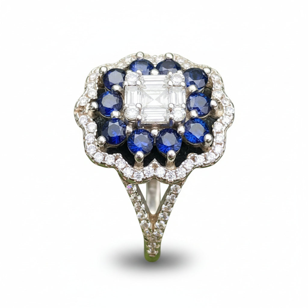 Natural Blue Sapphire Cluster Ring - Multi Round Sapphires with CZ Halo in Sterling Silver