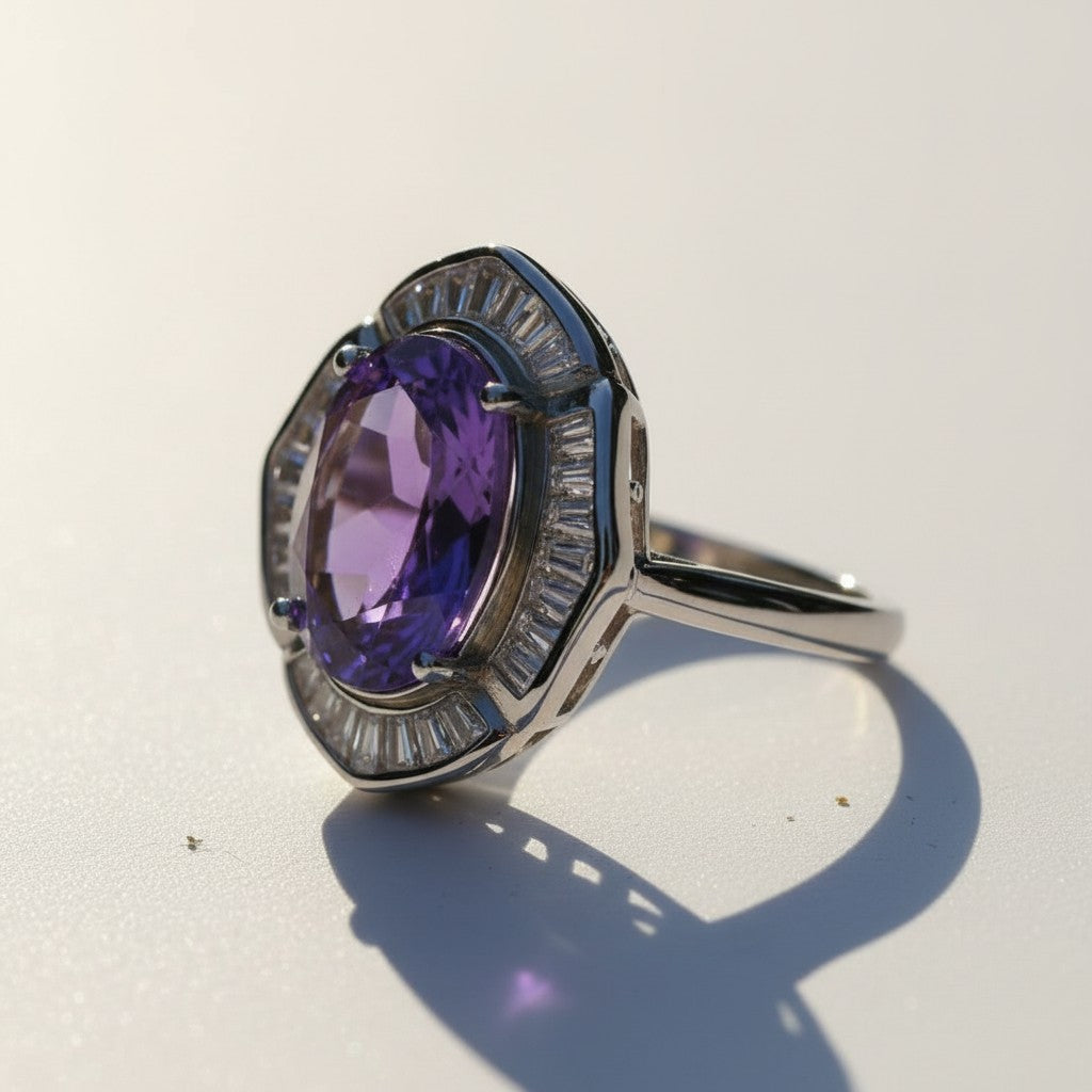 Art Deco Majesty: Natural Amethyst Statement Ring with Trapezoid CZ Halo in 925 Silver