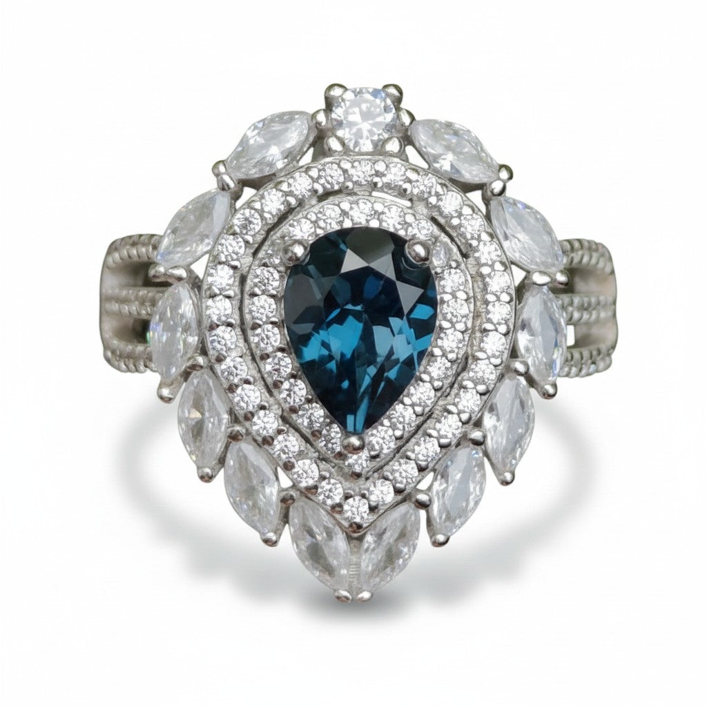 Inky Depths: Natural London Blue Topaz & CZ Statement Ring with Marquise Halo