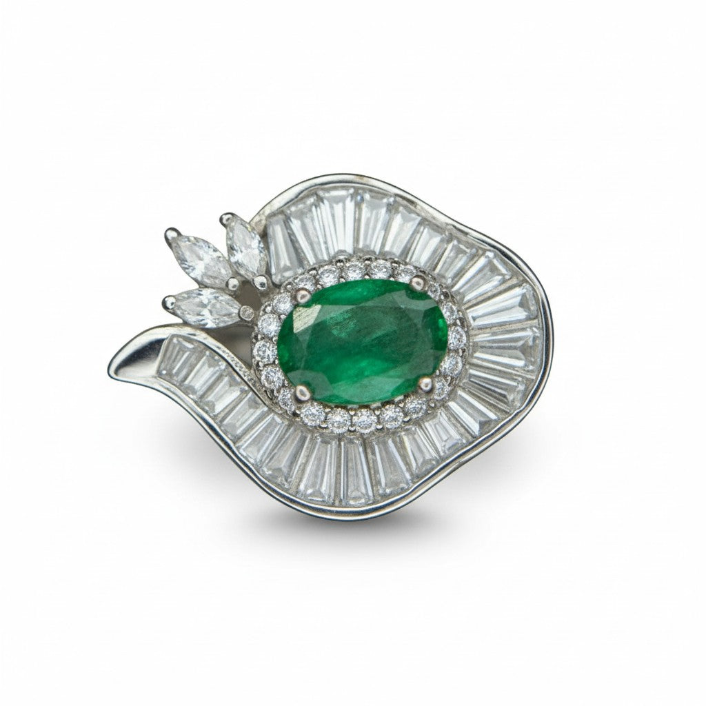 Art Deco Envy: Natural Emerald Cocktail Ring with Baguette Fan Halo in 925 Silver