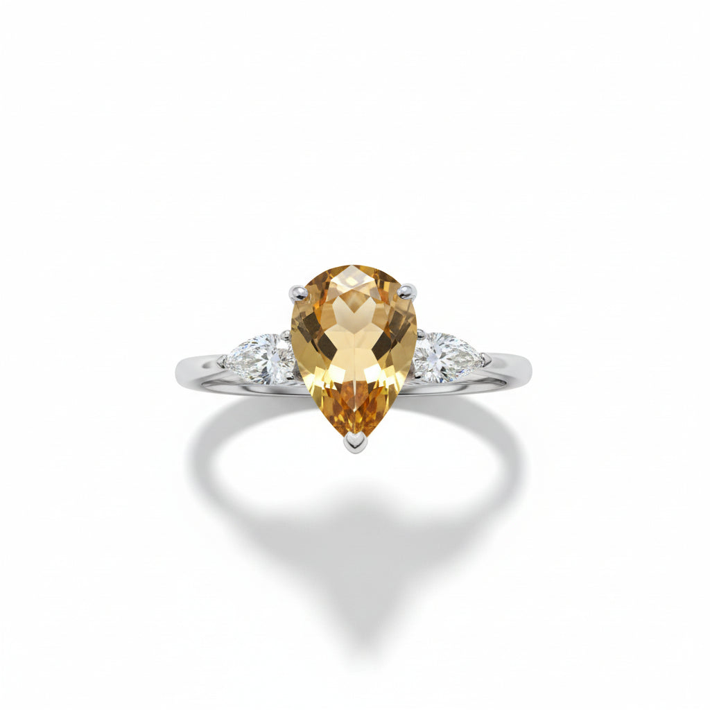 Natural Citrine Ring - Pear Cut Golden Yellow Gemstone with Cubic Zirconia Side Stones in Sterling Silver