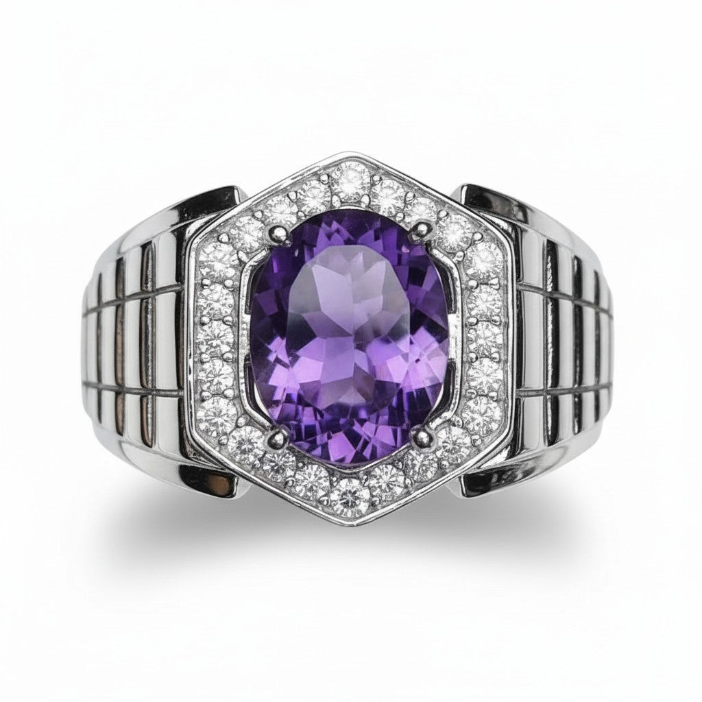 Gentleman's Royal: Natural Amethyst & CZ Hexagonal Halo Men's Ring in 925 Silver