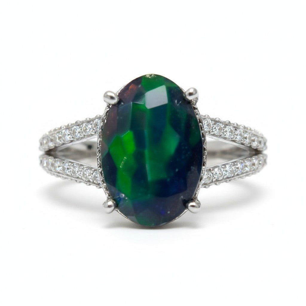 Aurora Borealis: Oval Black Opal Cocktail Ring with Pavé Split Band